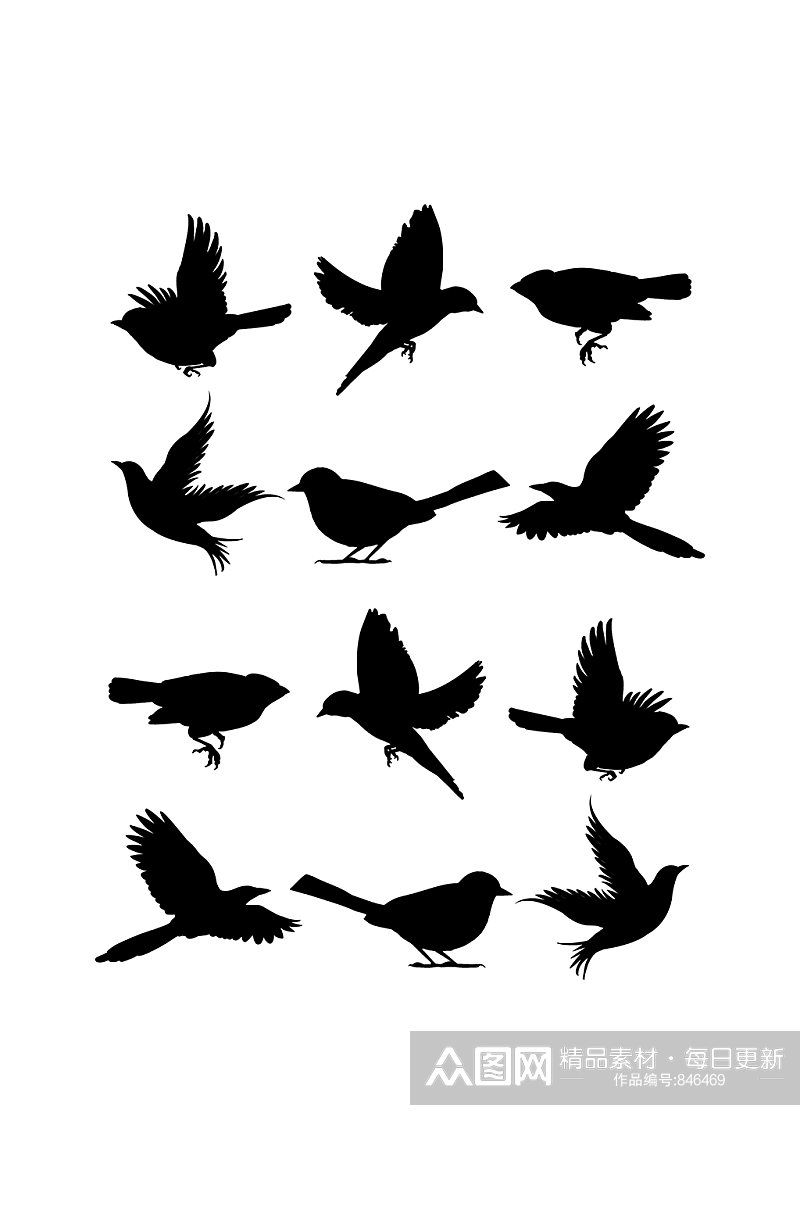 飞鸟剪影黑白元素素材