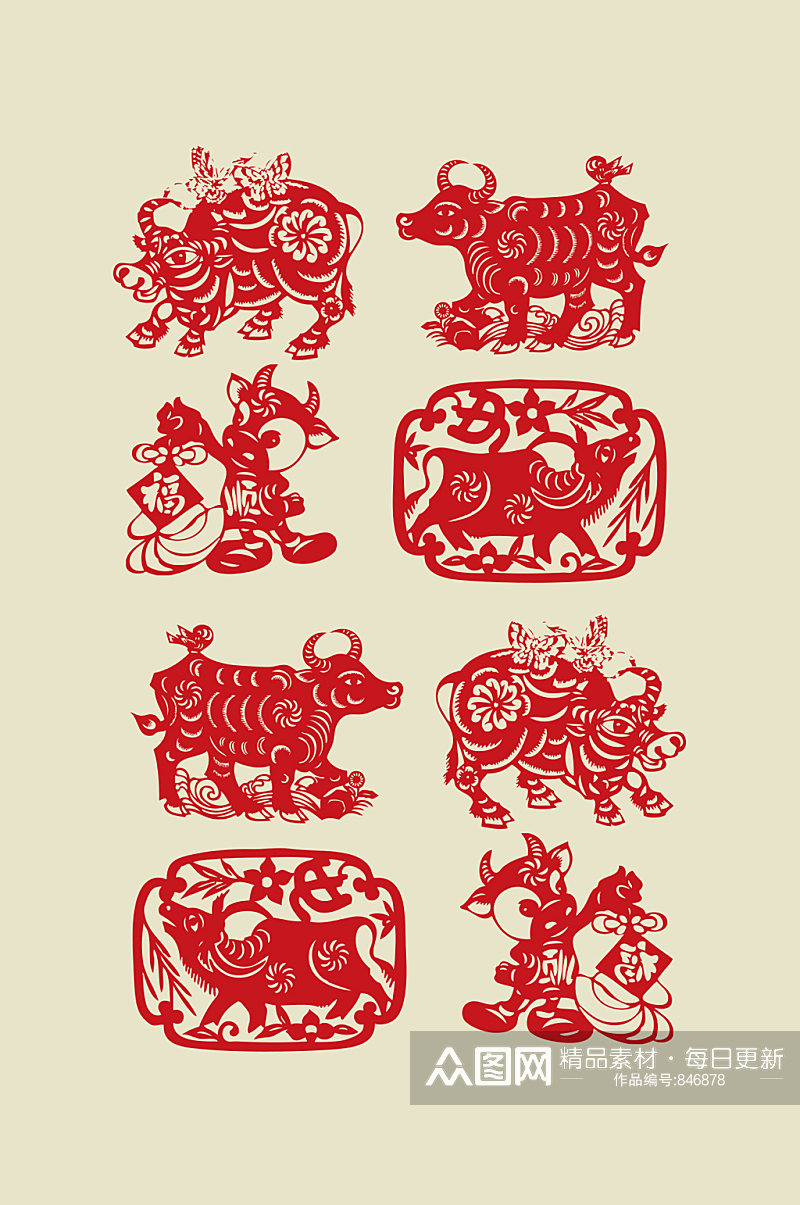 剪纸牛属相红色剪纸耕牛剪纸传统文化素材