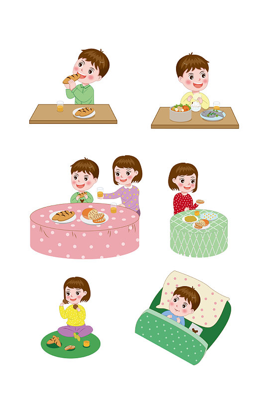 卡通手绘人物吃饭睡觉系列-众图网
