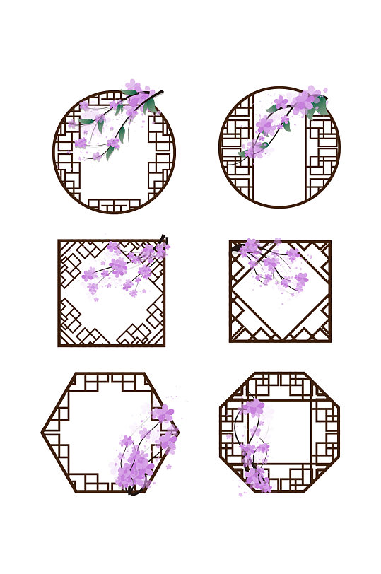中国风紫色花圆形木窗装饰元素