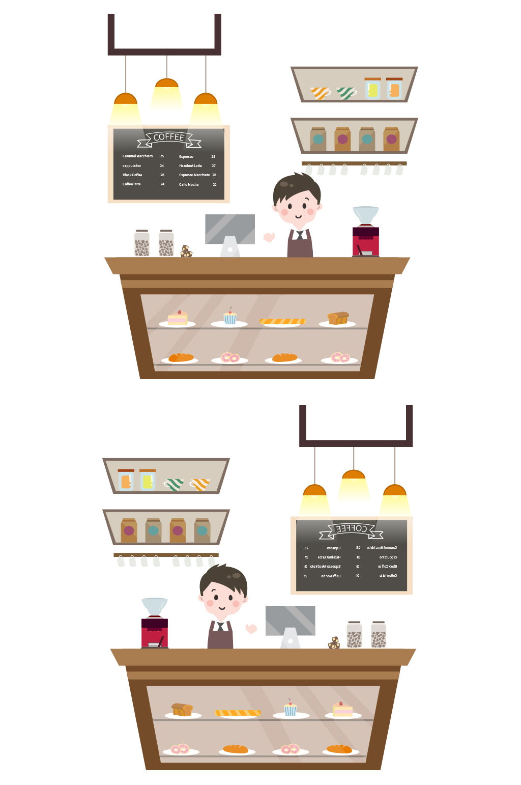 卡通平面咖啡店店铺酒店吧台元素素材