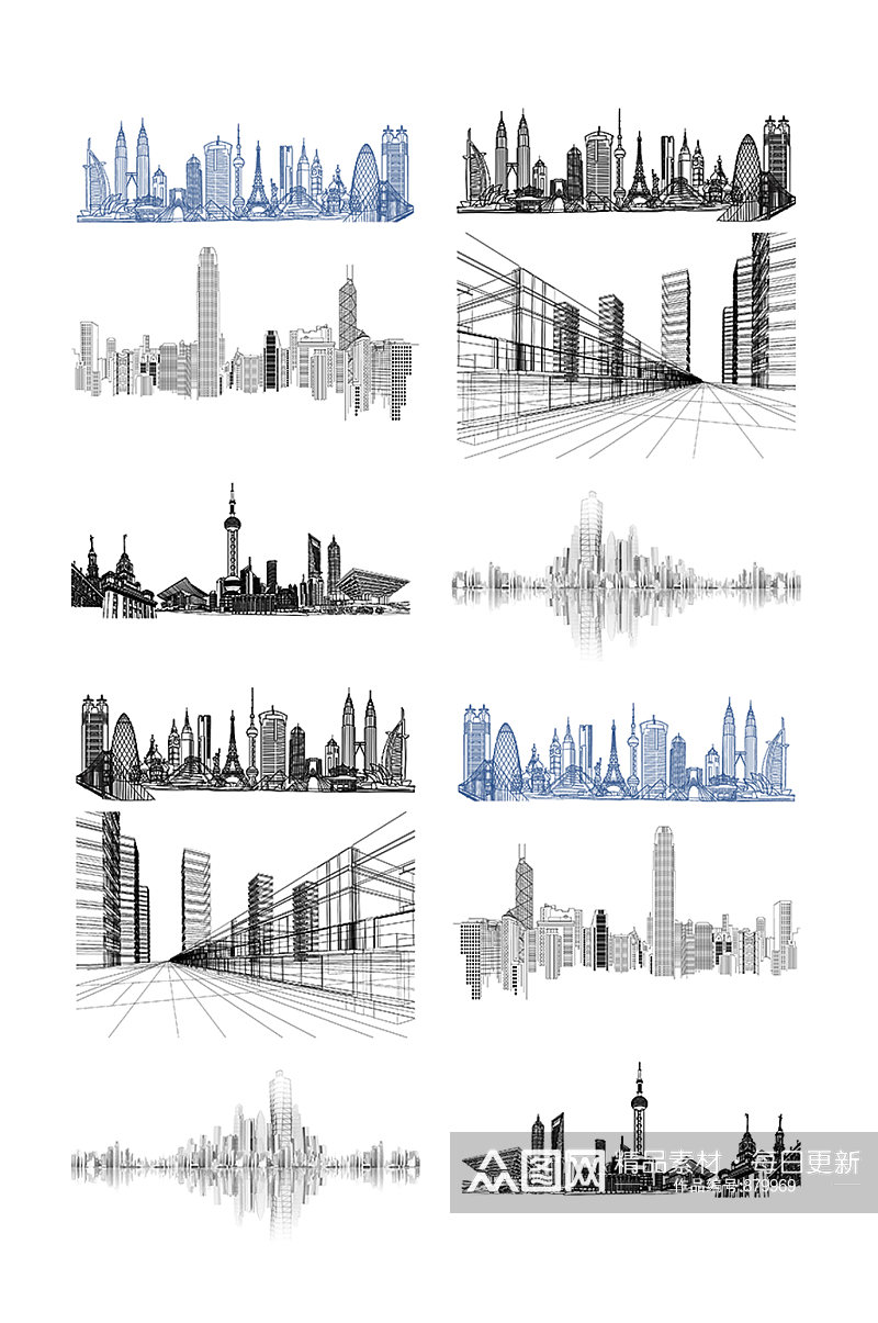 线描城市建筑设计元素素材