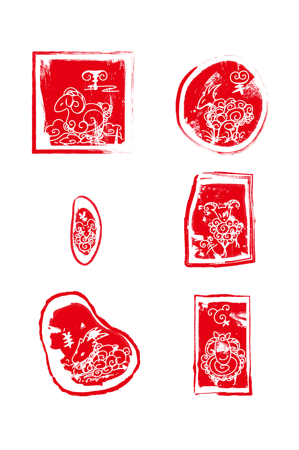 红色小羊动物印章装饰图案素材