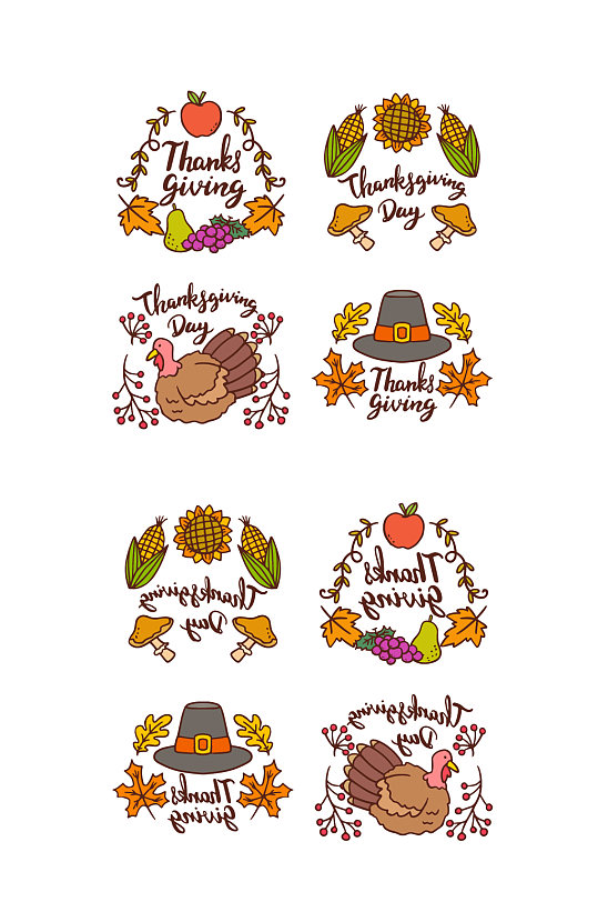 感恩节标签收集手绘风格矢量