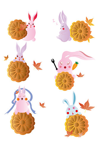 中秋节玉兔和月饼枫叶插画