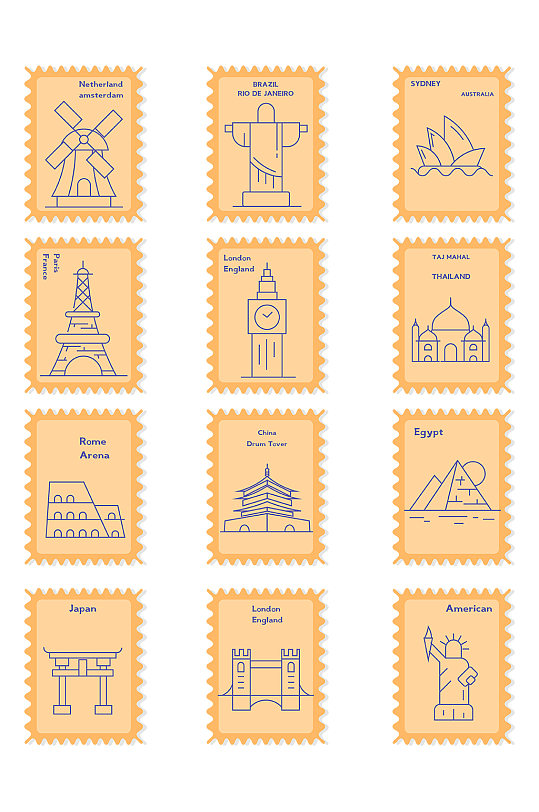 橙色方形卡通邮票装饰图案