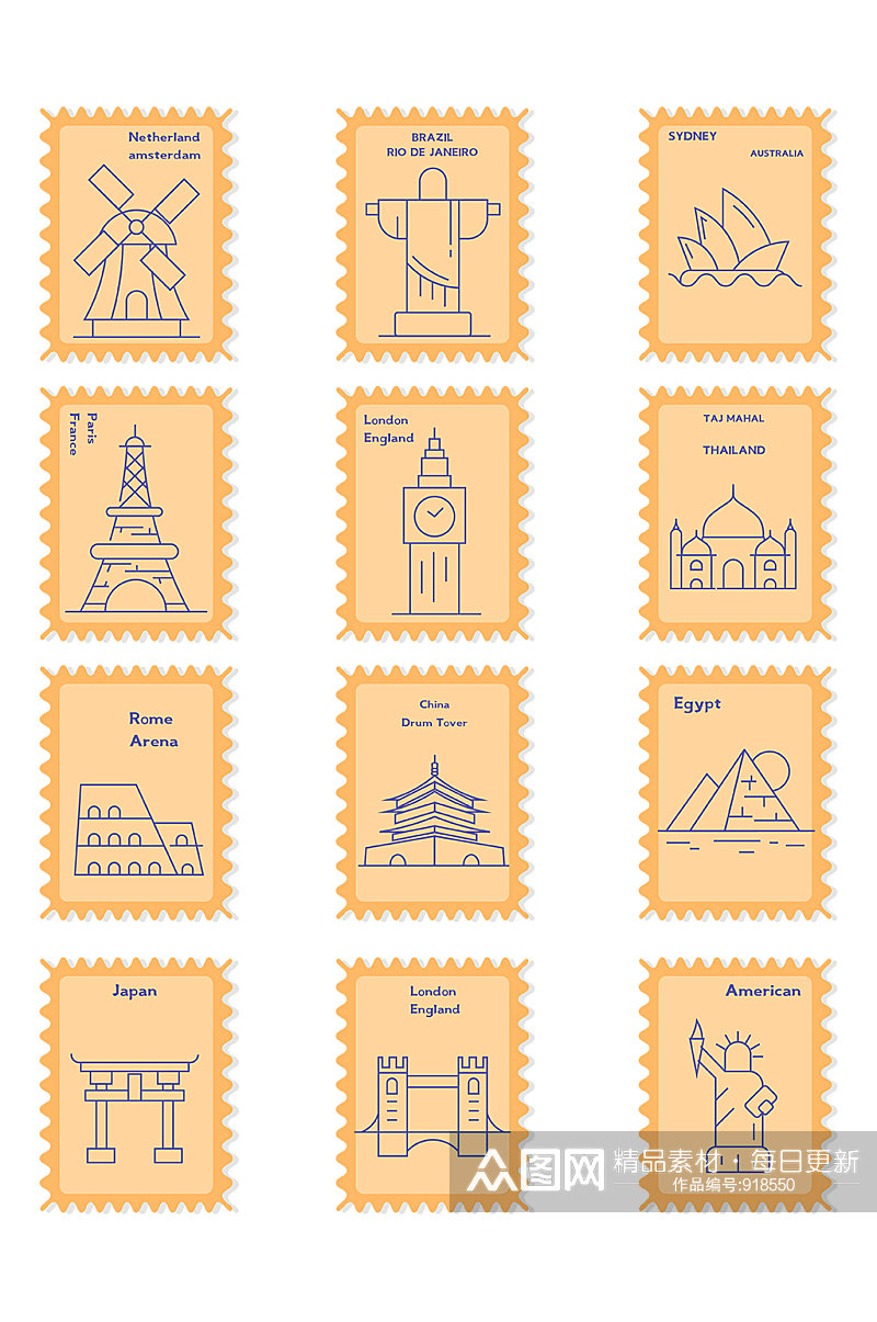 橙色方形卡通邮票装饰图案素材
