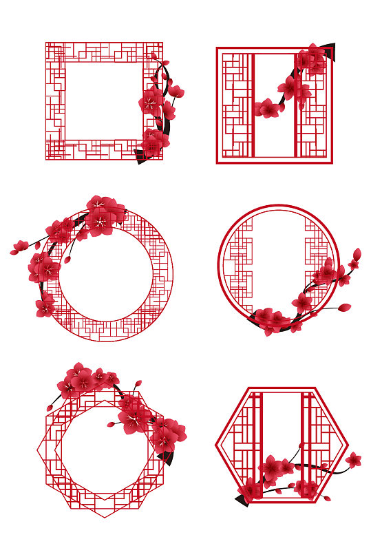 中国风中式国潮梅花边框套图 窗格边框标题框素材
