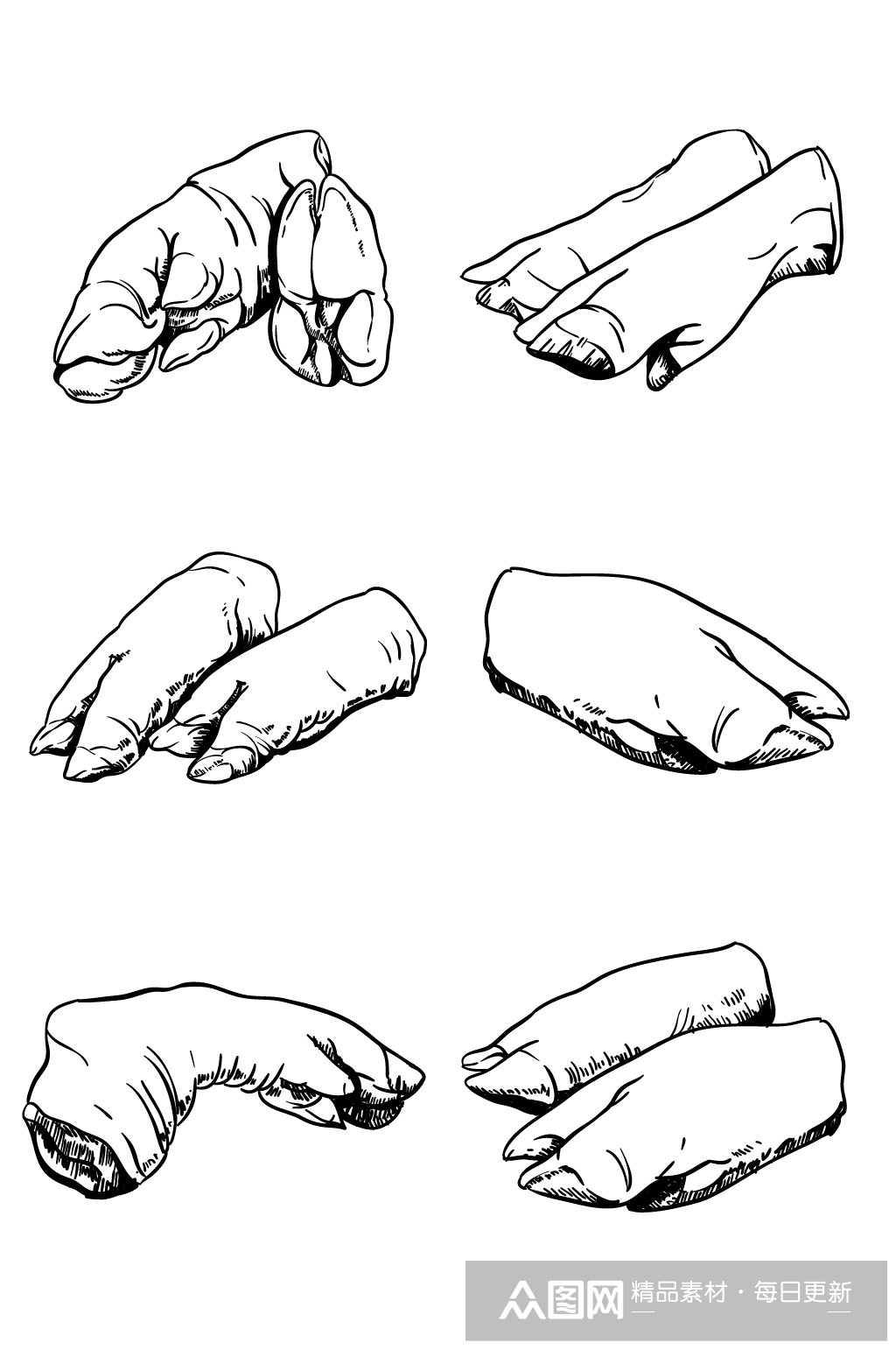猪蹄子猪手手绘黑白线描素材