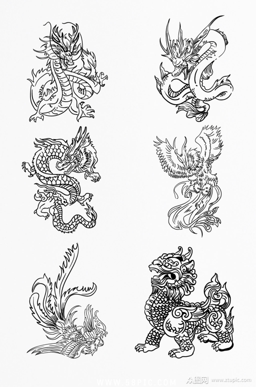 >传奇神兽龙凤麒麟手绘