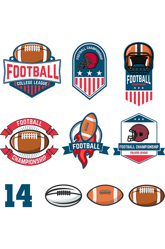 一整套美式足球标志和设计元素标志