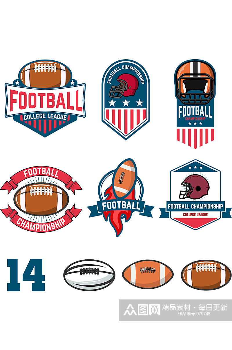 一整套美式足球标志和设计元素标志素材