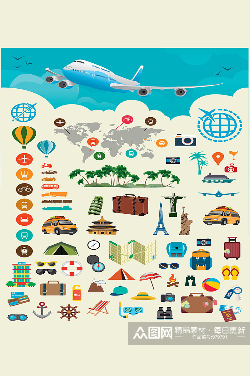 老式旅行行李海报与标签复古旅行行李素材