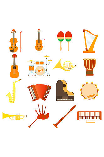 乐器图标设置16种乐器的平插图矢量
