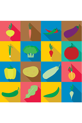蔬菜的图标集16种蔬菜的平插图矢量