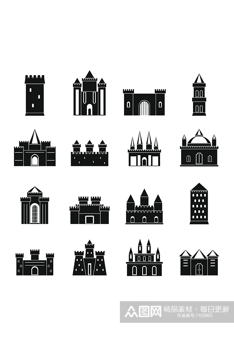 塔和城堡的图标集16个塔的简单例证素材