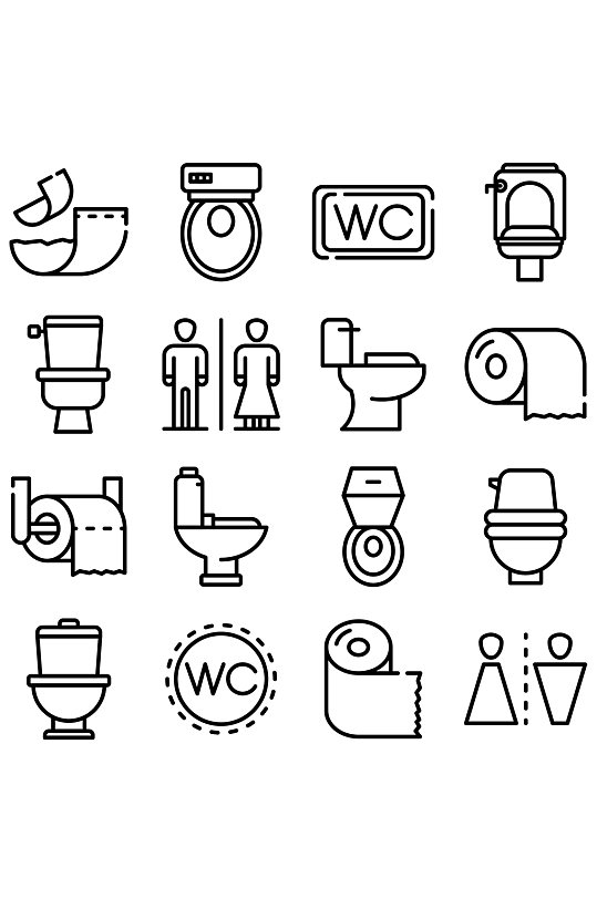 厕所的图标集概述套洗手间在白色背景