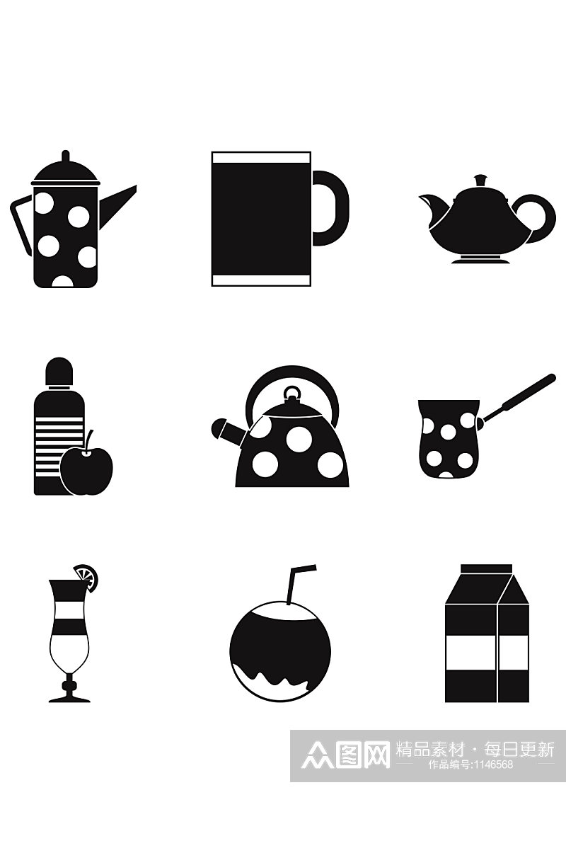 茶图标设置的杯子简单的9杯茶在白色素材