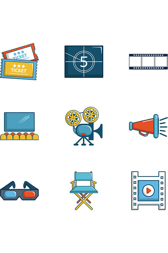 电影院的图标集动画片套在白色背景
