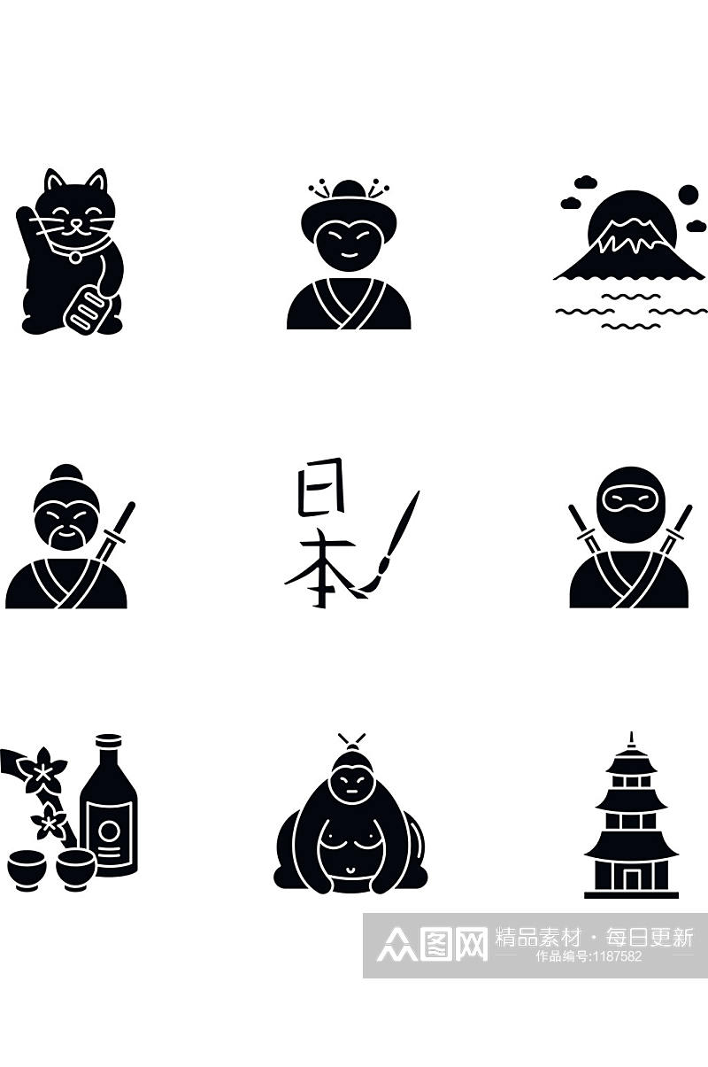 日本黑标志符号图标在白色空间上设置素材