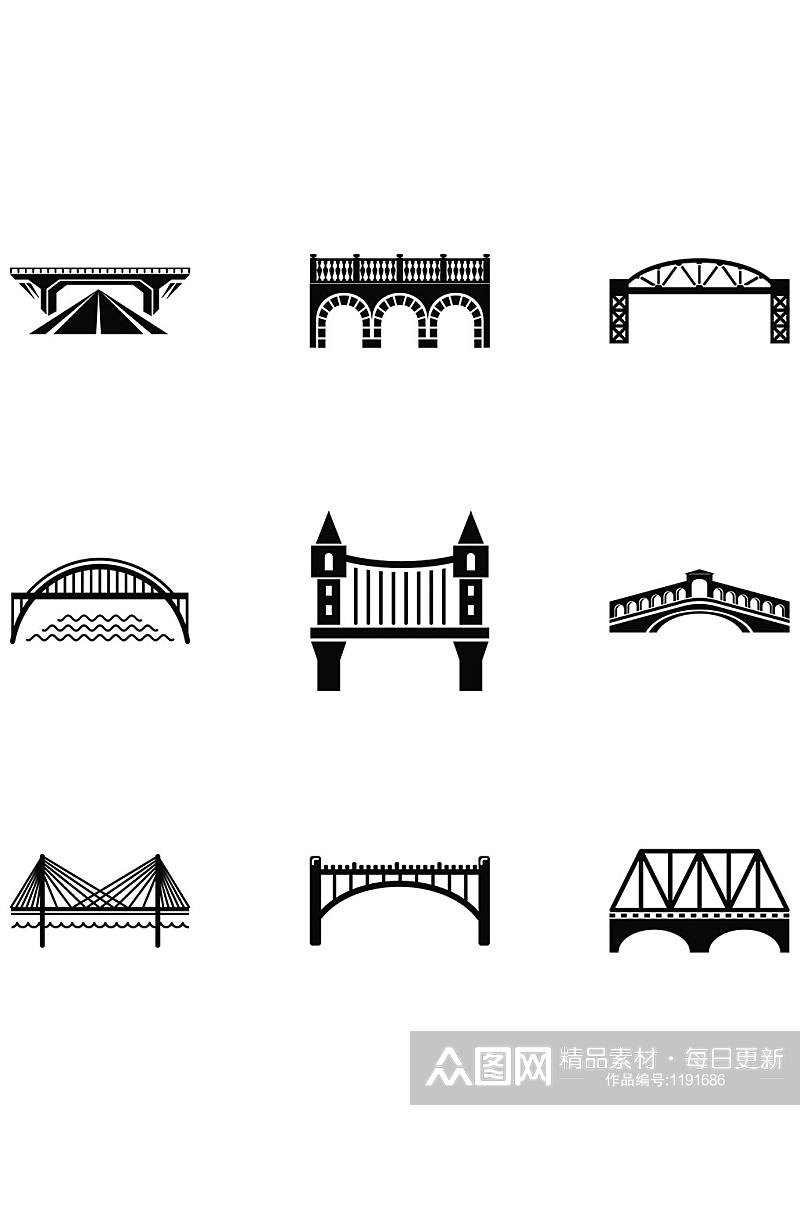 桥的图标集简单的套9桥矢量图标在白色素材