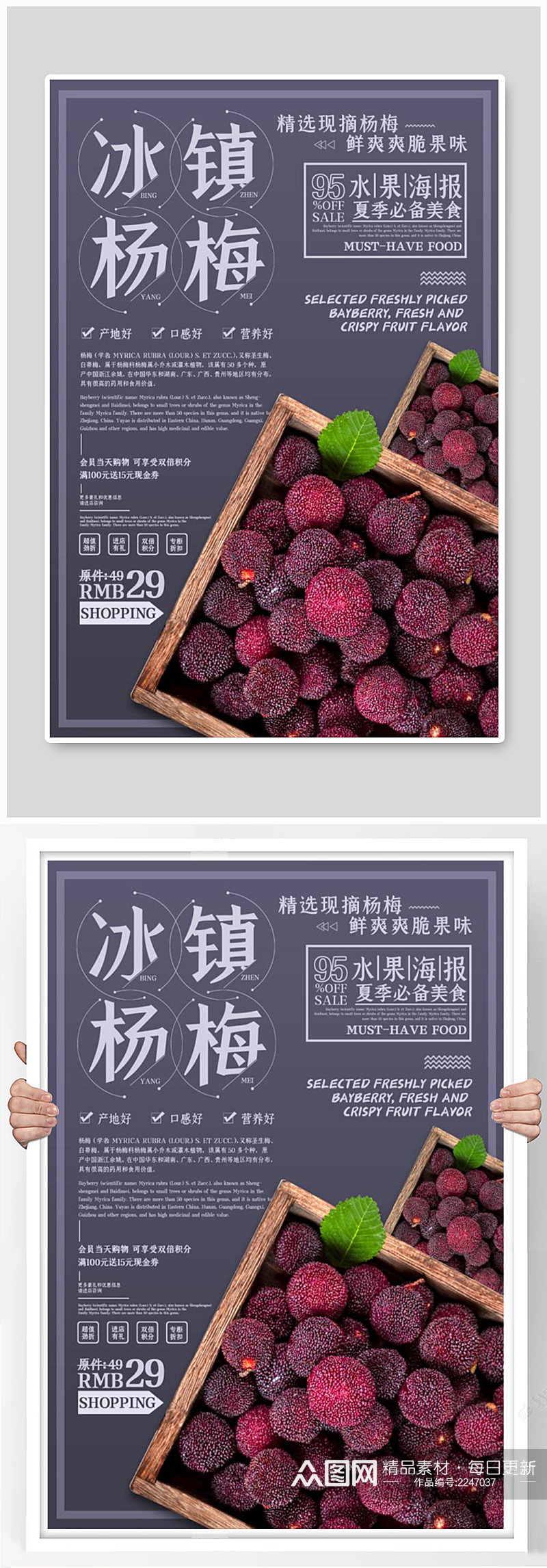2021年紫色新鲜冰镇杨梅宣传海报素材