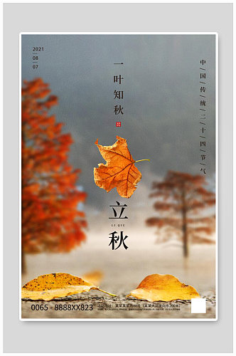 立秋节气枫叶黄色创意简洁海报