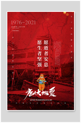 红色创意纪念唐山大地震45周年公益海报