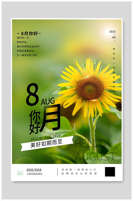 8月你好向日葵绿色文艺海报