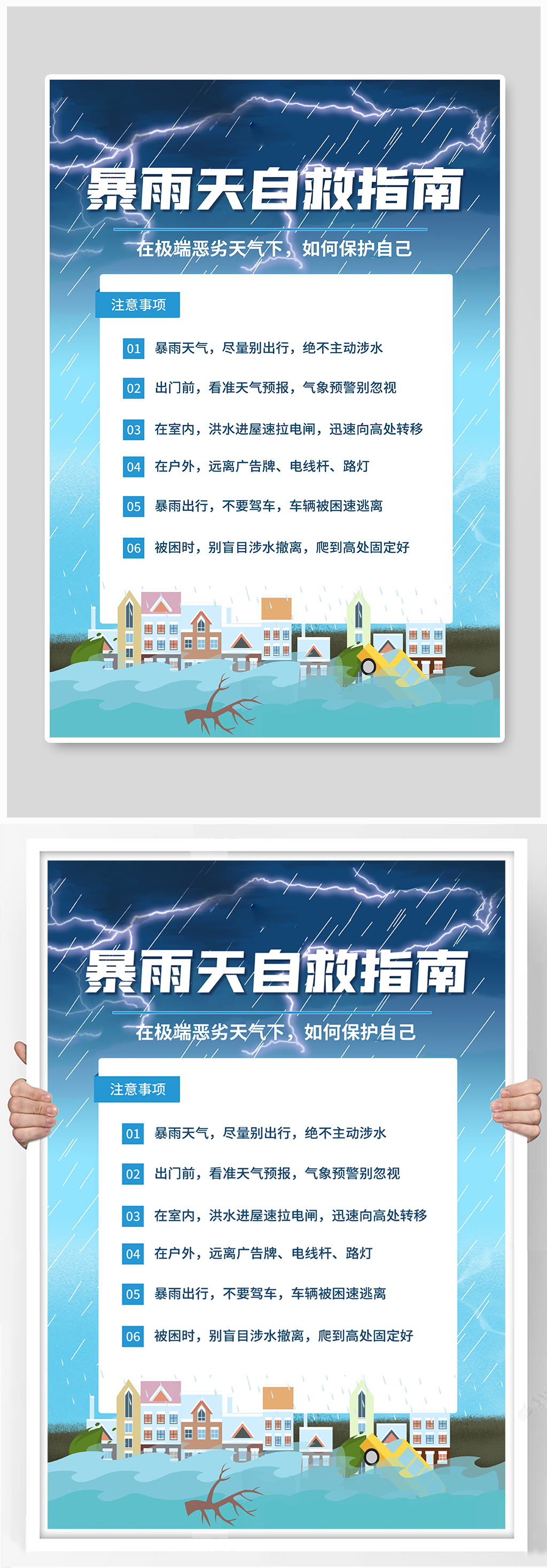 暴雨洪水自救指南蓝色简约海报素材