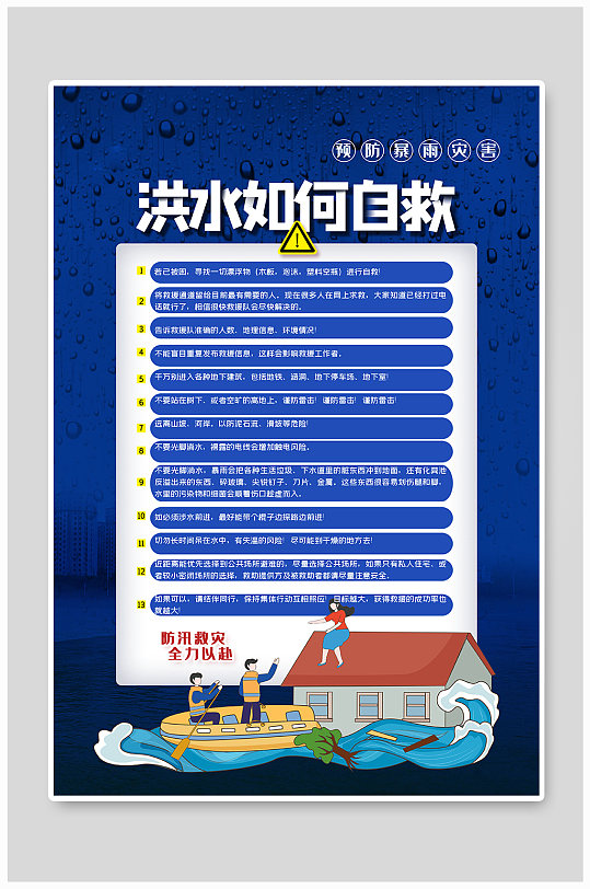 洪水如何自救蓝色简约海报