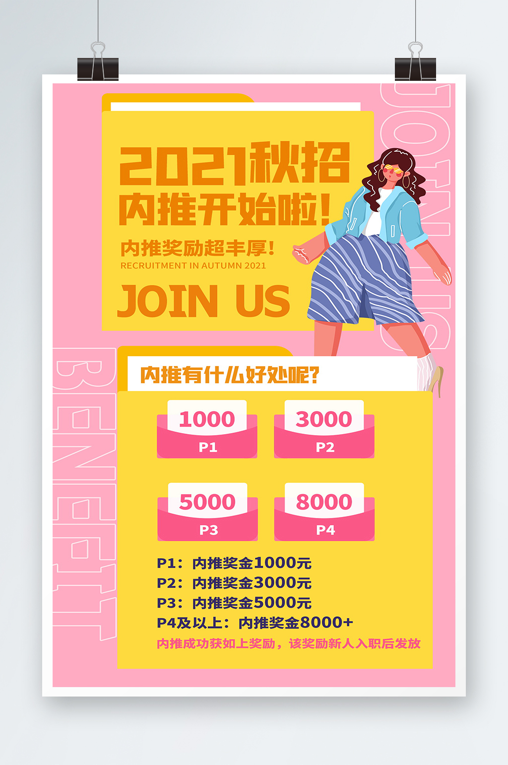 内部招聘企业内推粉色扁平海报素材