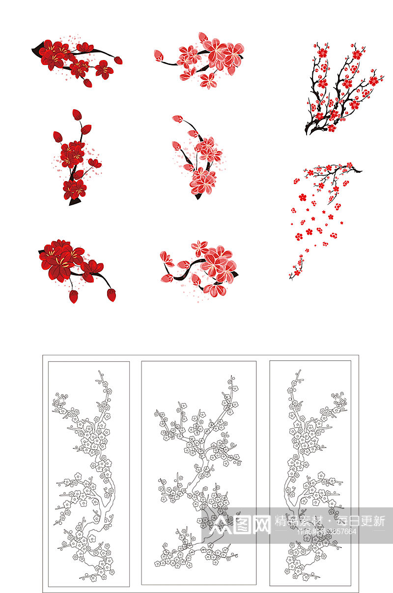 CDR矢量梅花黑白梅花素材