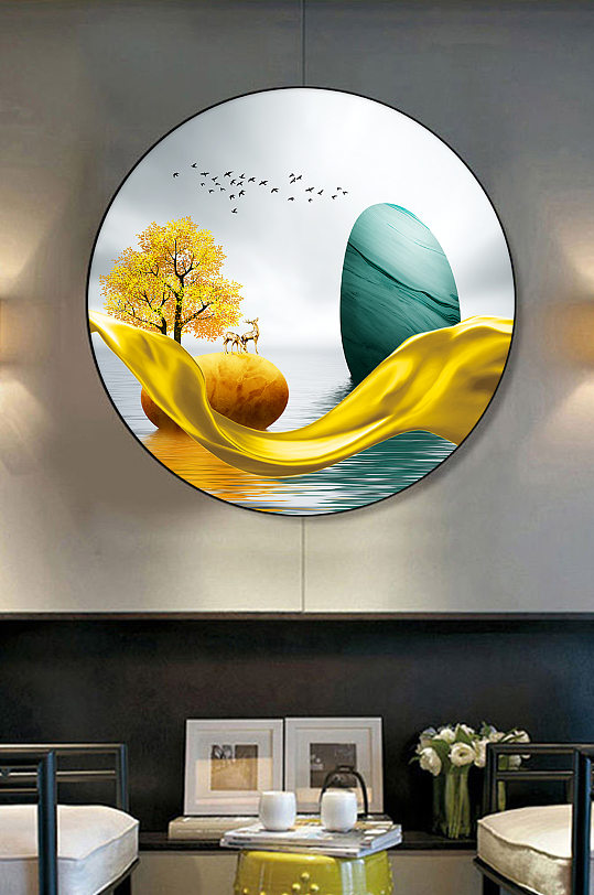 新中式石来运转山水圆框装饰画