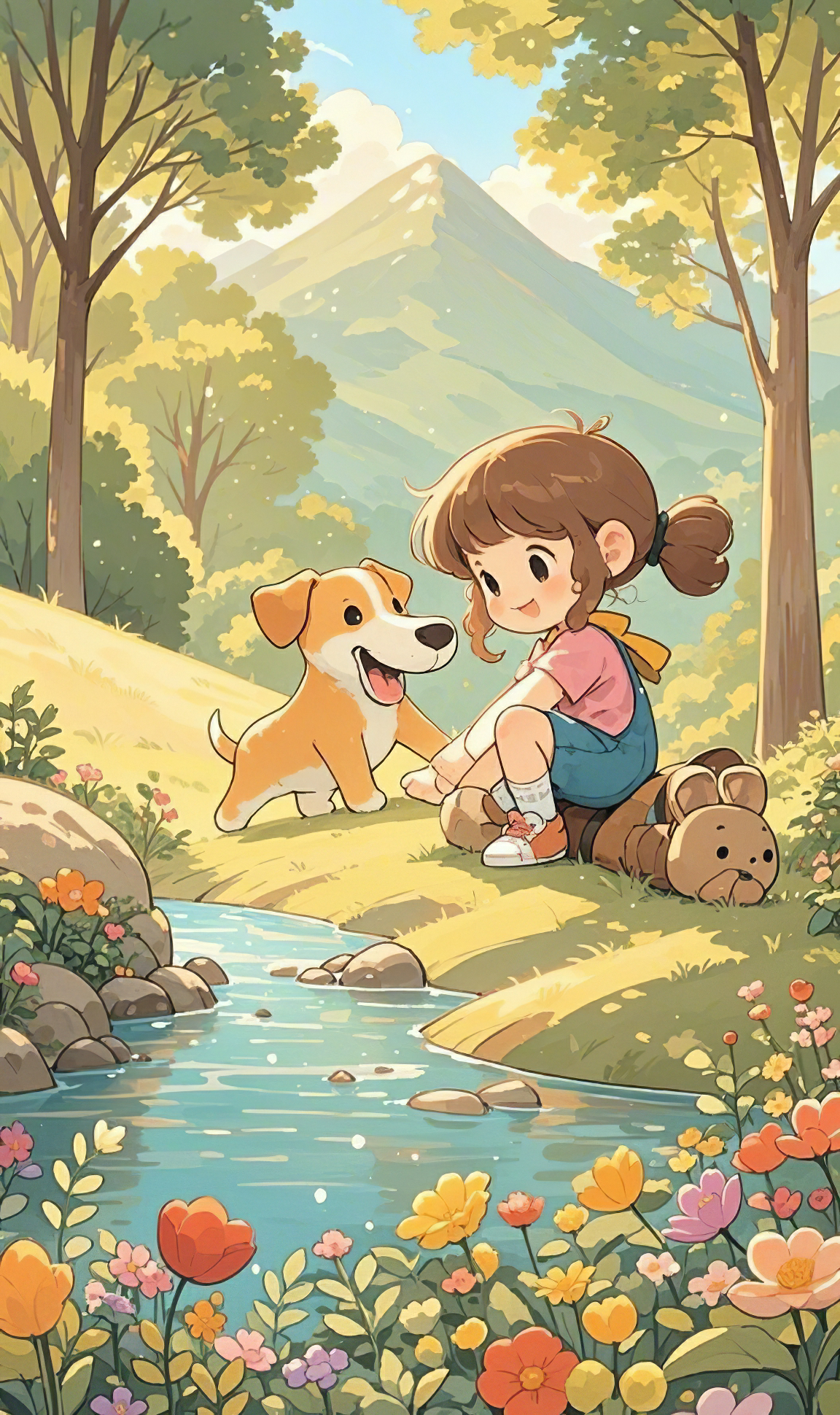趣野小女孩与狗插画图形素材