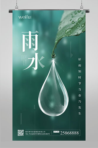 简约创意雨水节气绿叶水滴意境海报