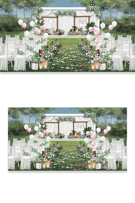 户外白绿色婚礼效果图-众图网