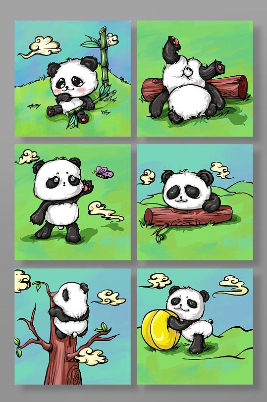 熊猫的一天熊猫动物元素插画