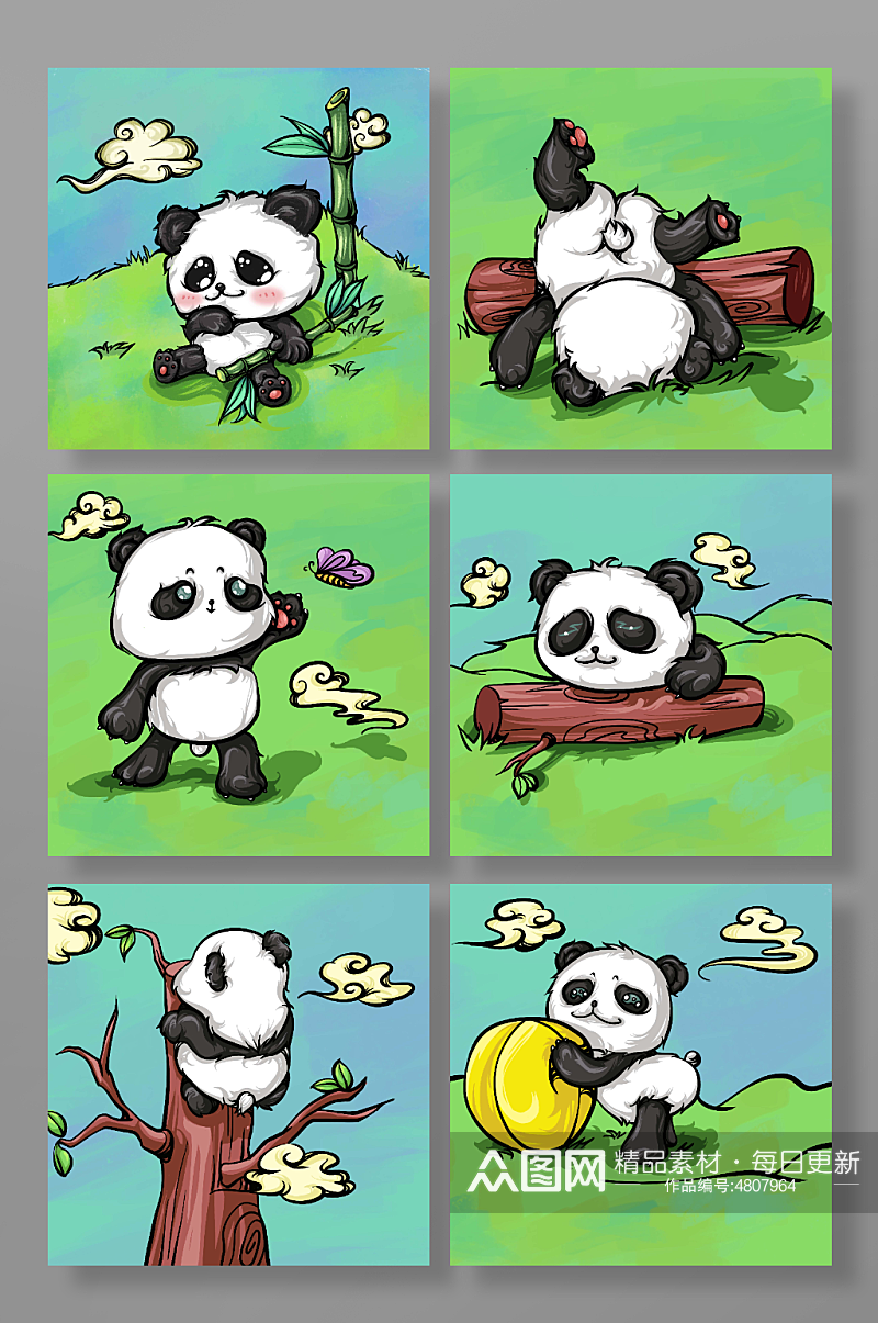 熊猫的一天熊猫动物元素插画素材