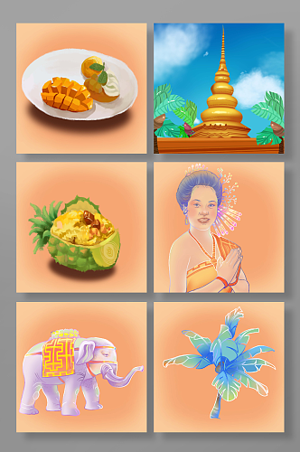 平面风泰国旅游元素插画