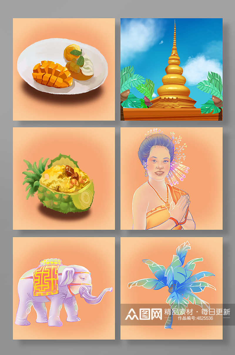 平面风泰国旅游元素插画素材
