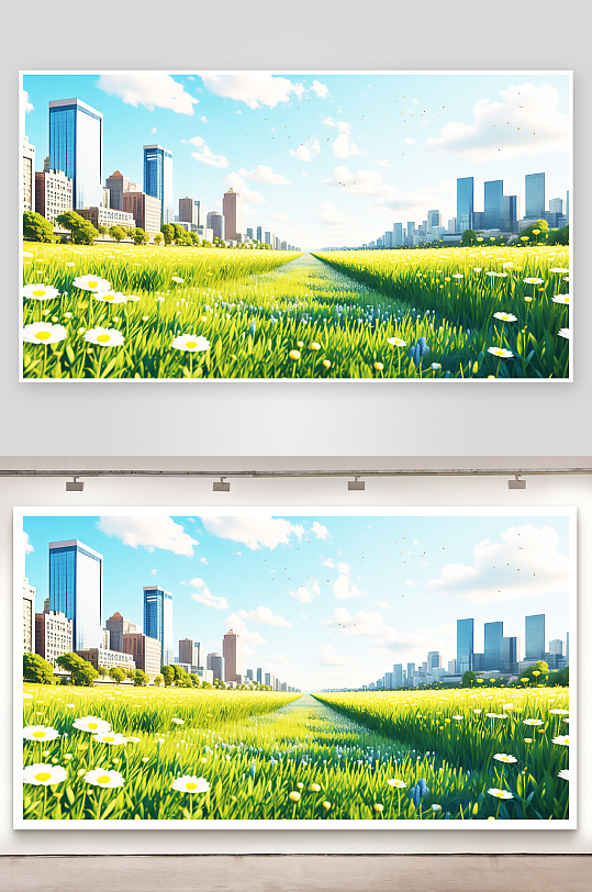 卡通小清新蓝天白云草地城市建筑背景插画