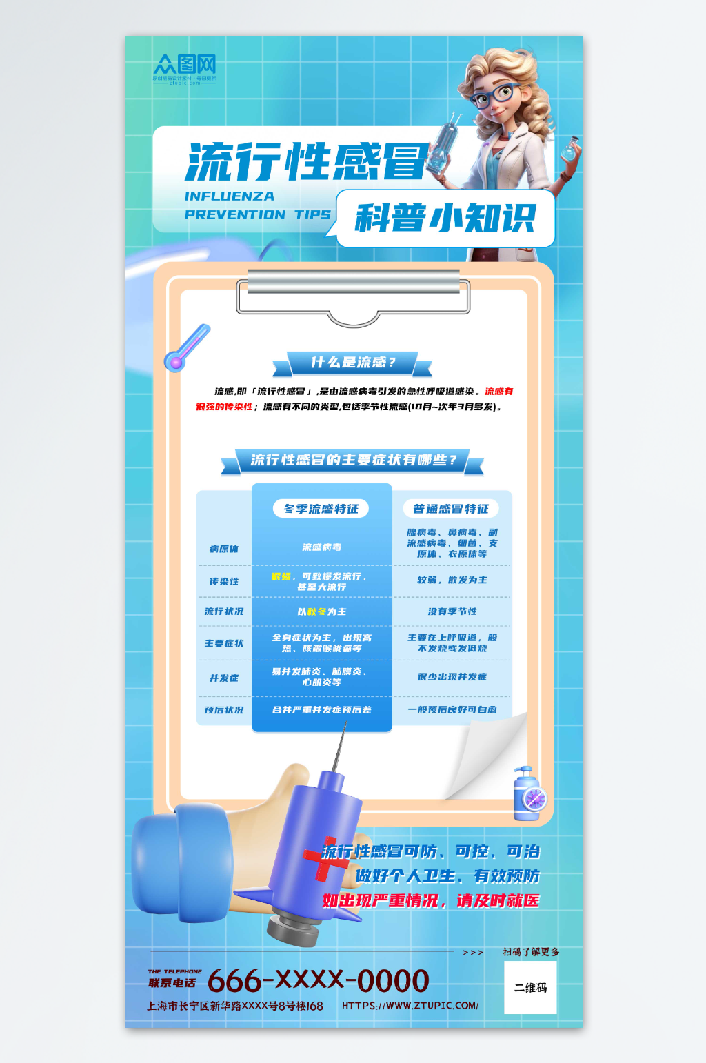 冬季健康知识预防流感流行性感冒知识科普海报素材
