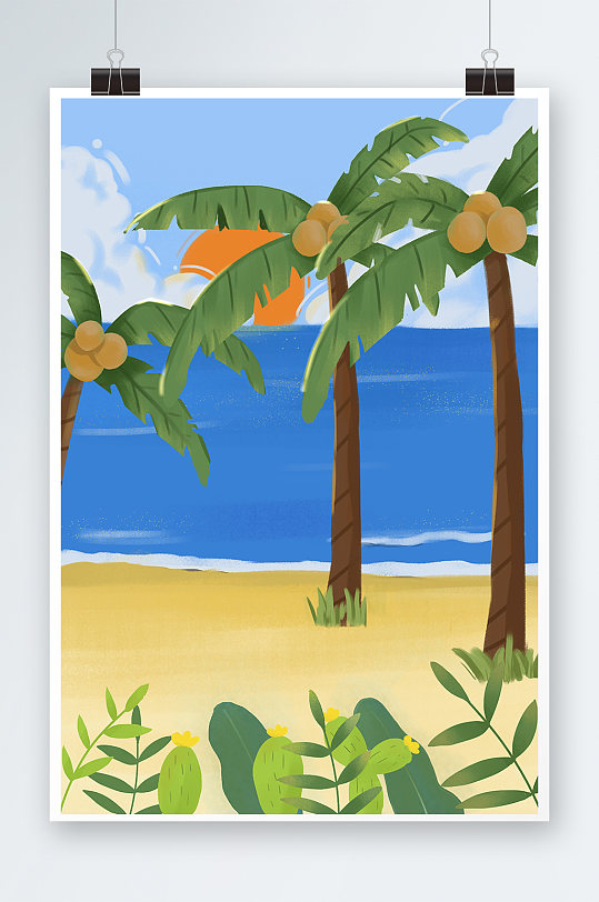 椰林大暑节气海滩插画背景