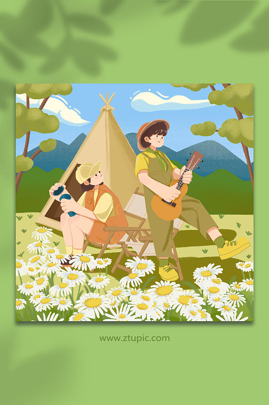 情侣野外露营春游踏青人物插画