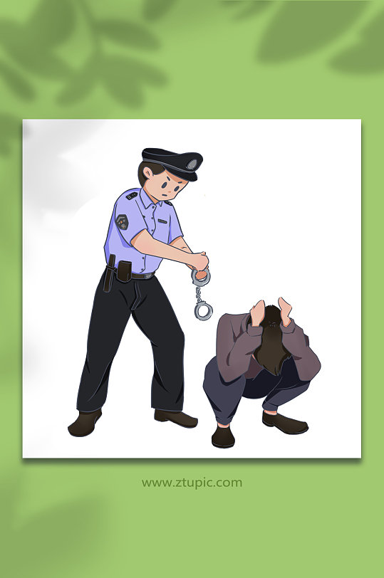 警察用手铐逮捕犯人抱头蹲下插画