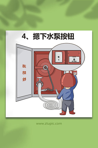 按下水泵按钮消防栓使用方法漫画插画