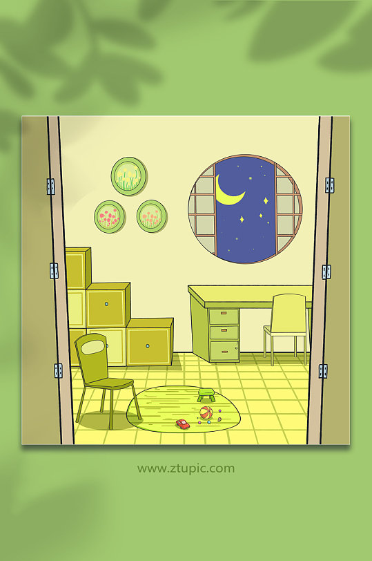 黄绿色居家室内漫画免抠背景