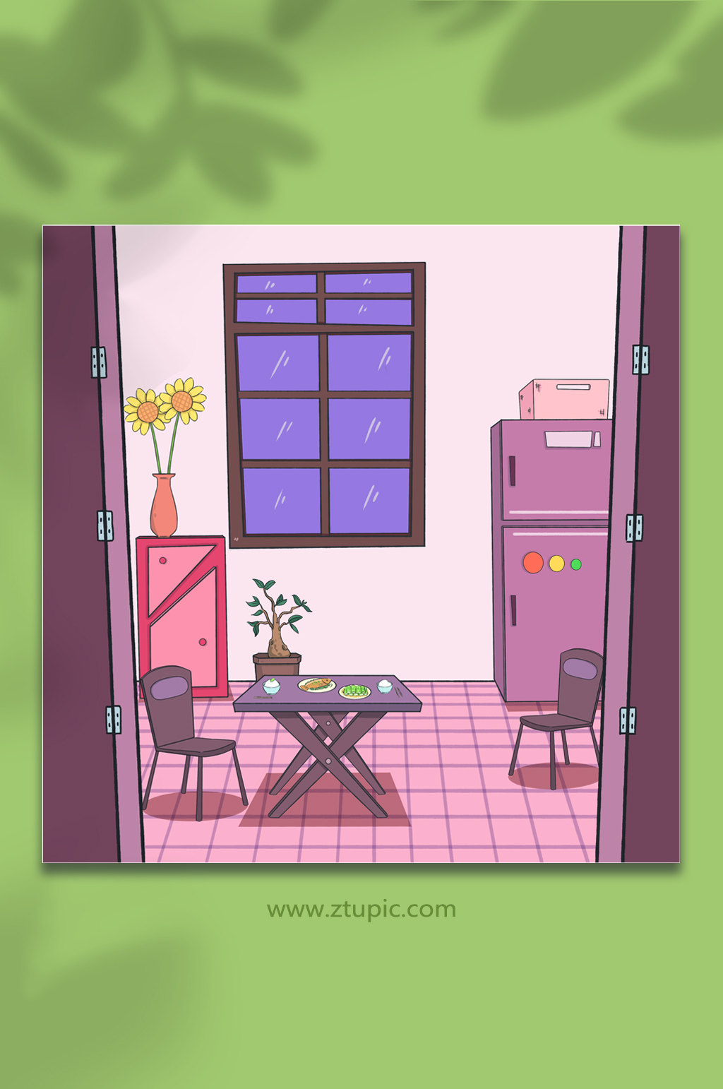 紫色居家室内漫画免抠背景