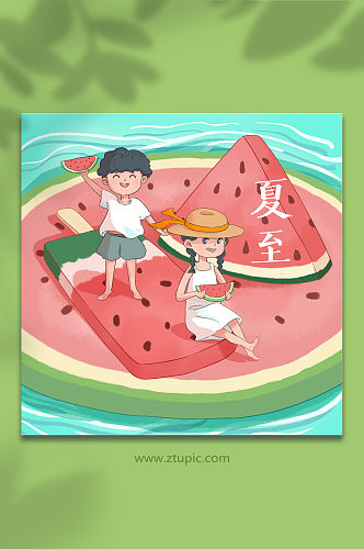 吃西瓜夏至节气夏季避暑元素插画